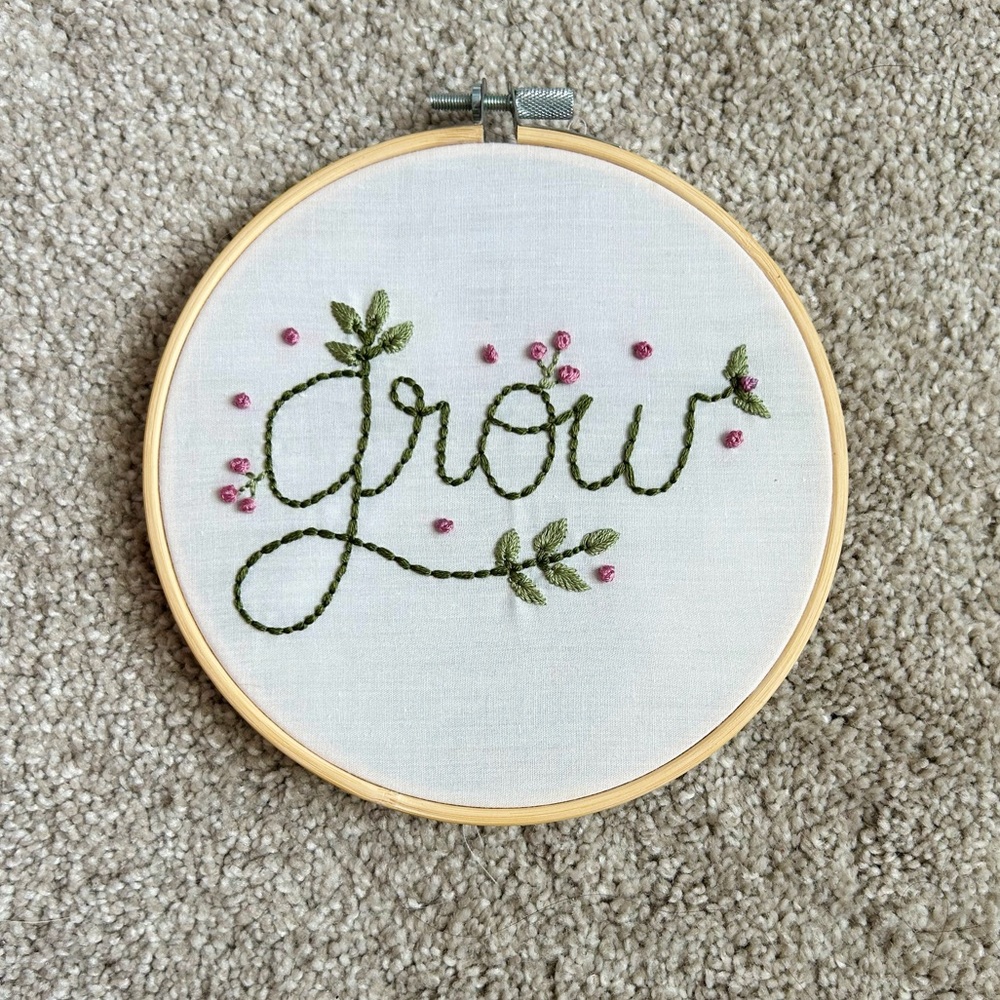100% Handmade “Grow” Hand Embroidered Hoop Design Decor